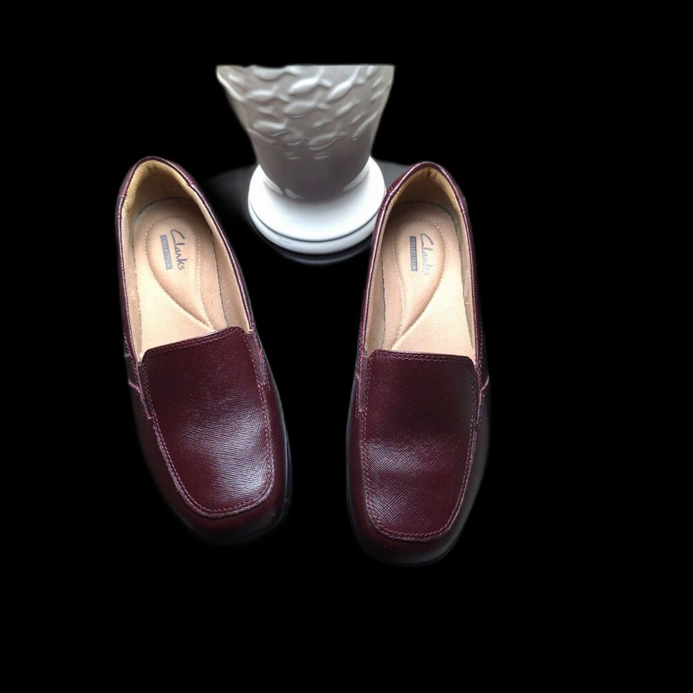 Clarks ladies' comfort leather loafers in a burgundy color.